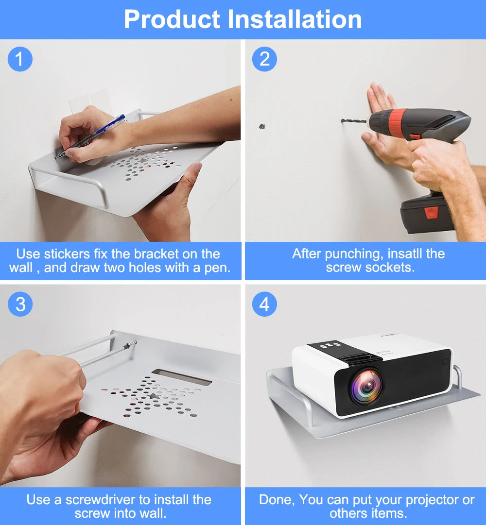 Aluminum Mini Projector Tray Bracket - Wall Mount Support for Meetings & Classrooms