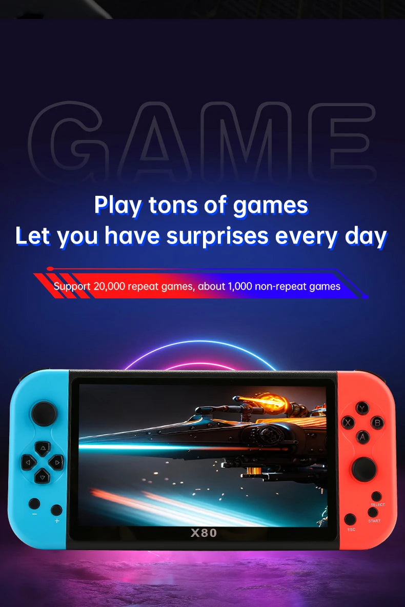 X80 large screen game console 7 inch TFT800*480 HD true color screen 3000mah handheld game console birthday Christmas gift