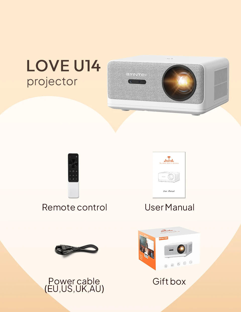 BYINTEK LOVE U14 4K Smart Projector - 1250 ANSI Lumens, Full HD 1080P, WiFi 6, Bluetooth, Auto Focus, Home Theater Ready