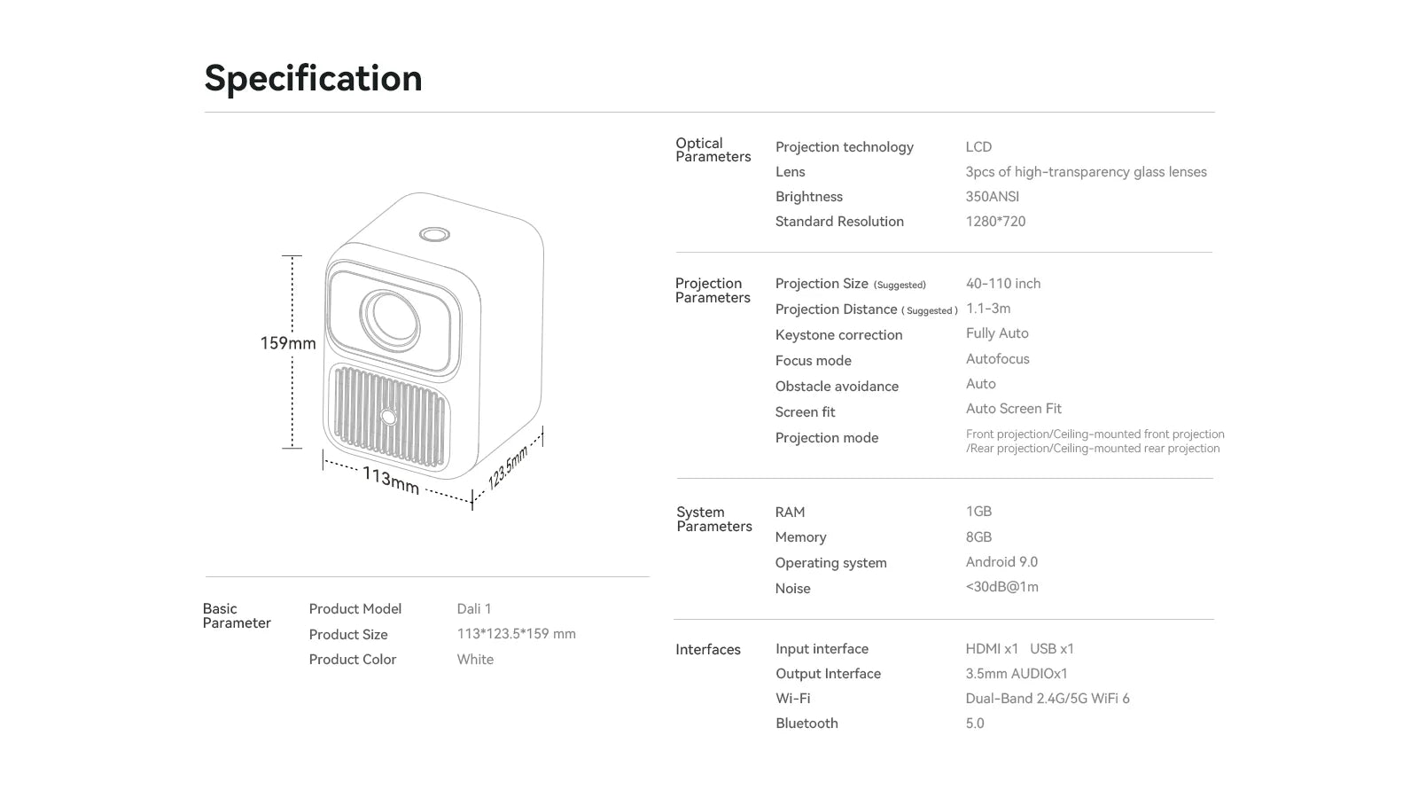 Wanbo Dali 1 Mini Protable Beam  Auto Focus Projector Android 9.0  350ANSI Dual Wifi 6 ASA 3.0 Proyector 2*5W HIFI Speaker