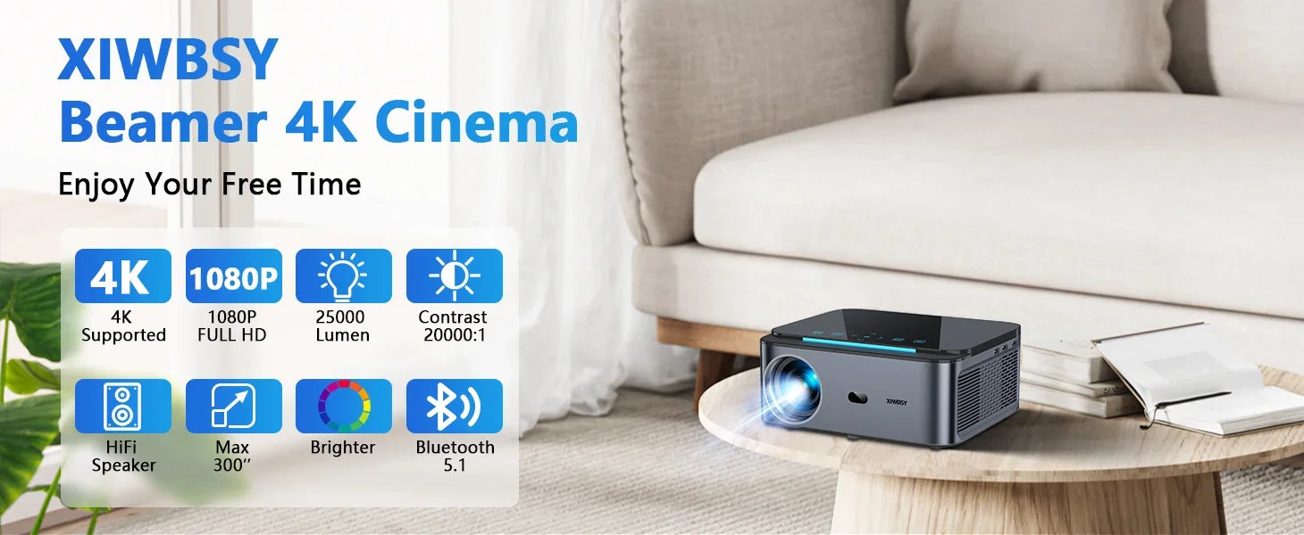 XIWBSY Full HD 1080P Projector 25000Lumens Wifi6 8K Android Projector 3D Smart Home Theater Cinema Proyector Outdoor Beamer