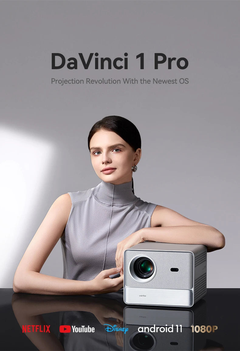 Wanbo DaVinci 1 Pro Projector Full HD 1080P, 4K, Google TV 11.0, Auto Focus, 5G WiFi, Portable Home Theater