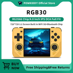 POWKIDDY RGB30 Retro Handheld Game Console | 4'' IPS Screen, 720x720, WiFi, RK3566, Yellow – Ideal for Children's Gifts