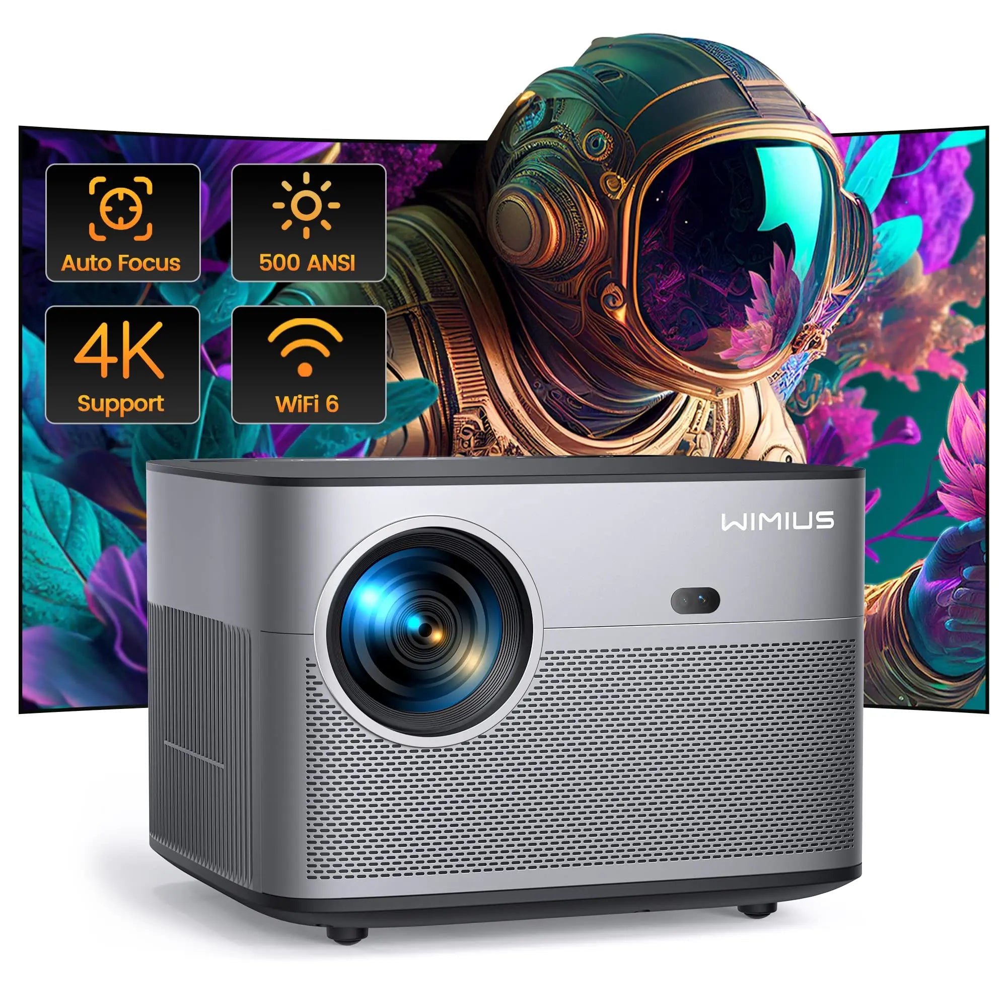 Wimius P64 Native 1080P Full HD Projector - 4K Support, 500 ANSI, 25,000L, WiFi 6, Bluetooth, Auto Focus & Keystone for Outdoor & Home Cinema