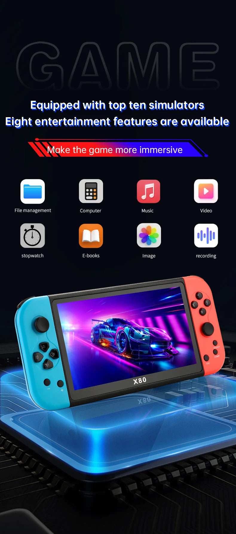 X80 large screen game console 7 inch TFT800*480 HD true color screen 3000mah handheld game console birthday Christmas gift