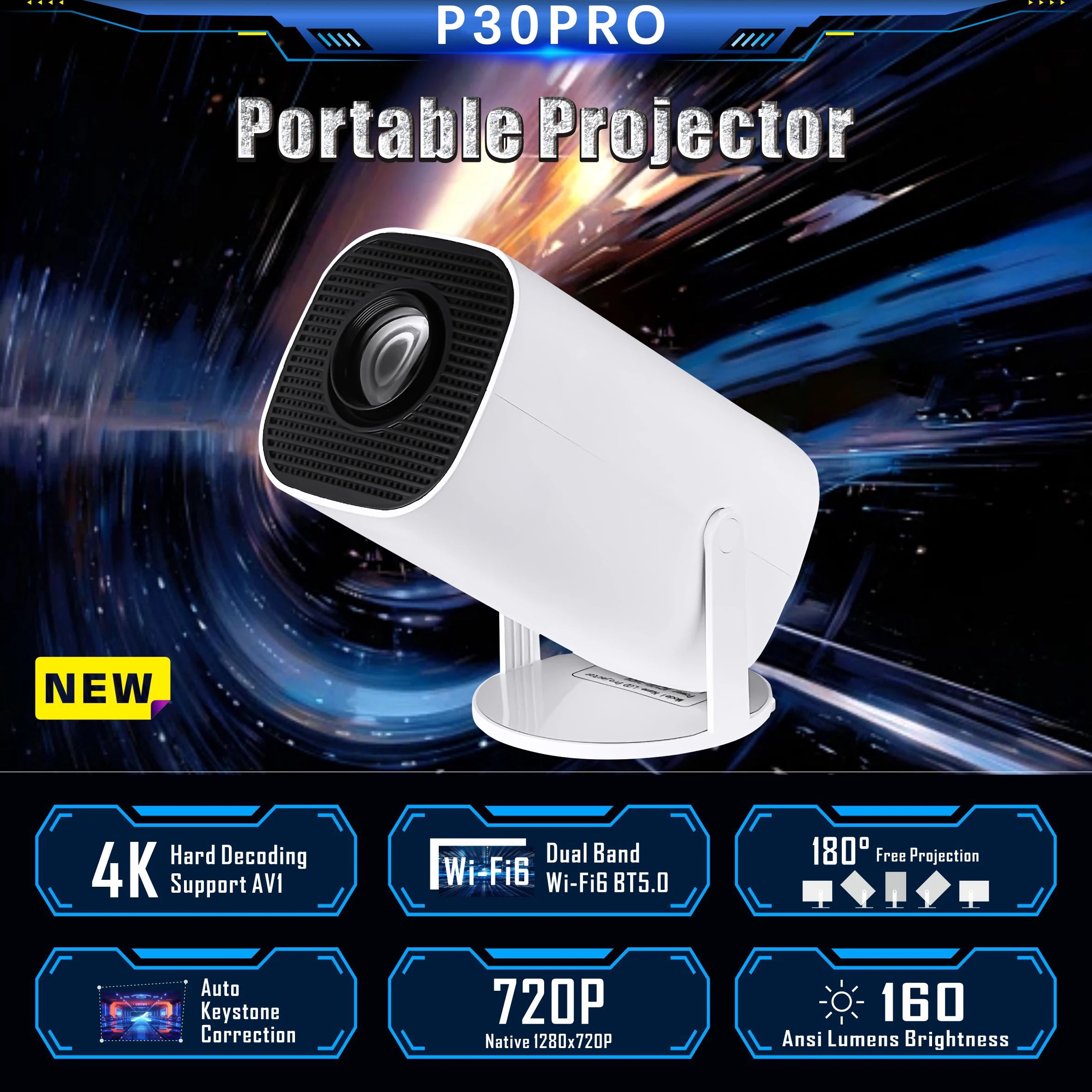 P30 Mini Smart Projector - 4K Ultra HD, Android 11, WiFi 6, BT 5.4, Mobile & Gaming Home Theater