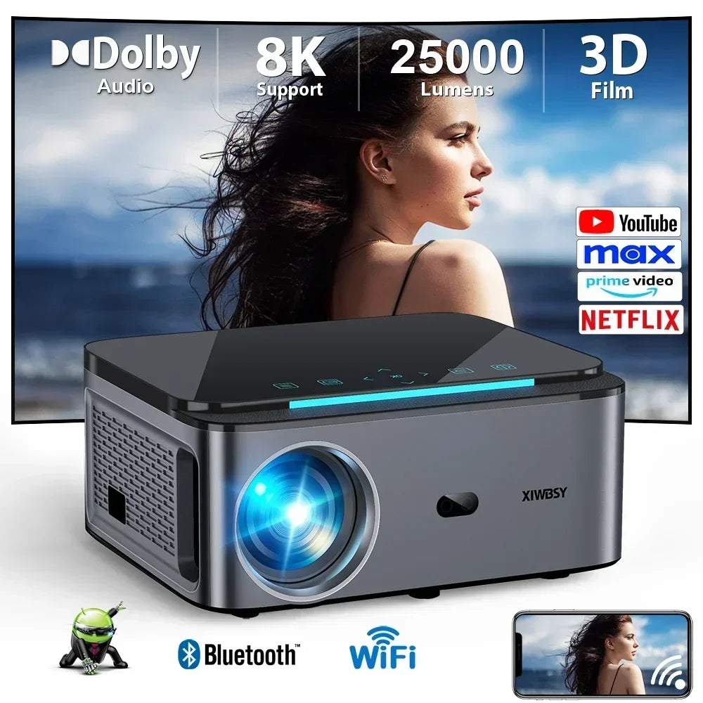 XIWBSY Full HD 1080P Projector 25000Lumens Wifi6 8K Android Projector 3D Smart Home Theater Cinema Proyector Outdoor Beamer