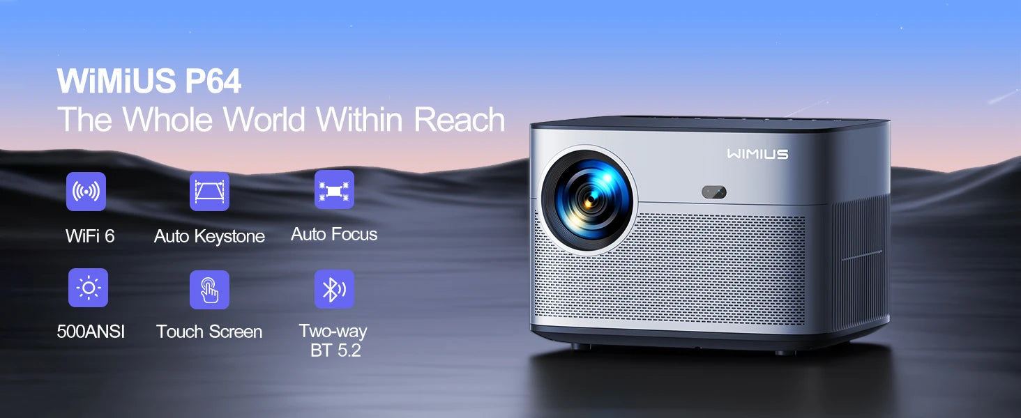 Wimius P64 Native 1080P Full HD Projector - 4K Support, 500 ANSI, 25,000L, WiFi 6, Bluetooth, Auto Focus & Keystone for Outdoor & Home Cinema