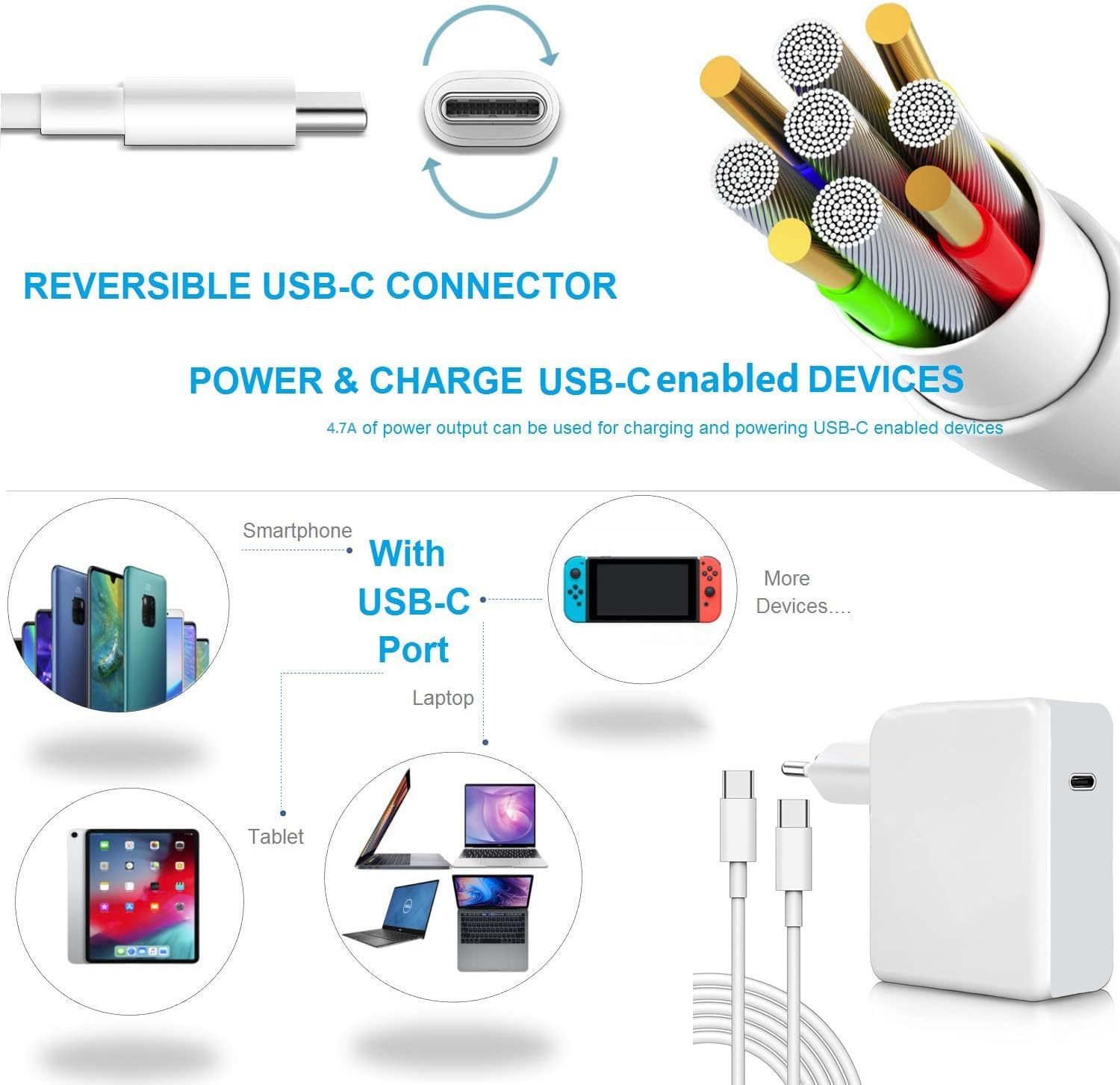 NRG+ Fast Charging USB-C Type C Power Adapter with 2M USB-C to USB-C Charging Cable for MacBook Pro.