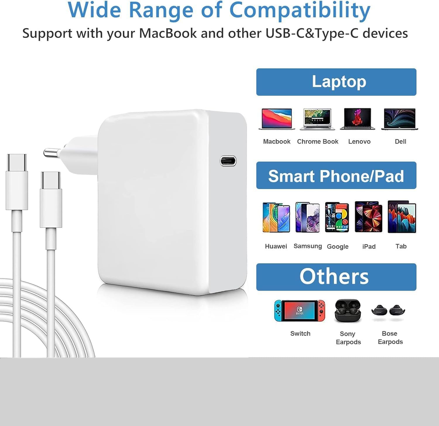 NRG+ Fast Charging USB-C Type C Power Adapter with 2M USB-C to USB-C Charging Cable for MacBook Pro.