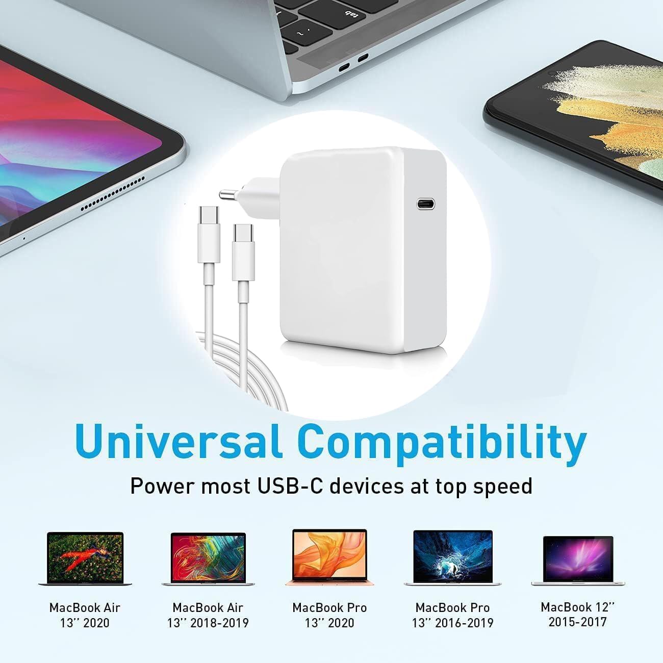 NRG+ Fast Charging USB-C Type C Power Adapter with 2M USB-C to USB-C Charging Cable for MacBook Pro.